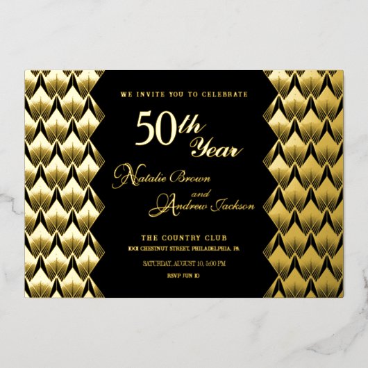 Modern Retro zwart en goud 50e Jubileum Folie Uitnodiging (Voorkant)