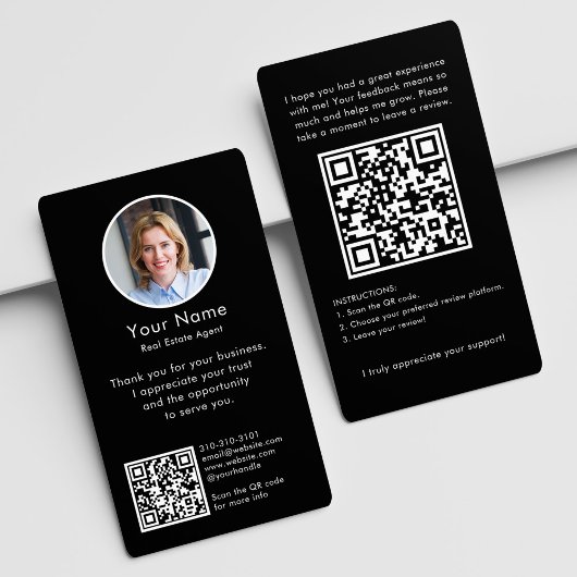 Modern Review Request with QR Code And Photo Black Visitekaartje