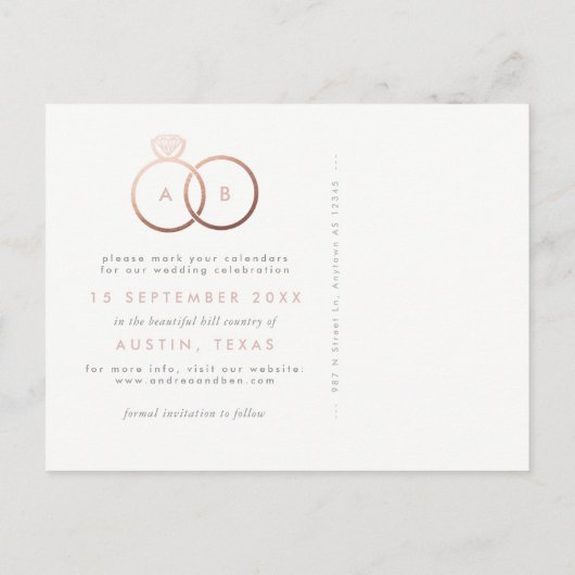 Modern Rings Roos Gold Save the Date Briefkaart (Achterkant)