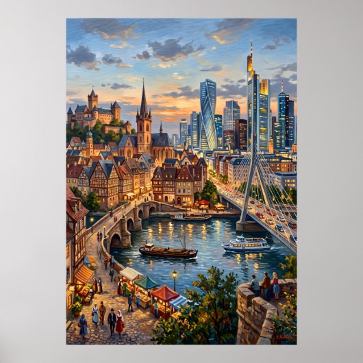 Modern Rivier Stad Silhouet Poster (Voorkant)