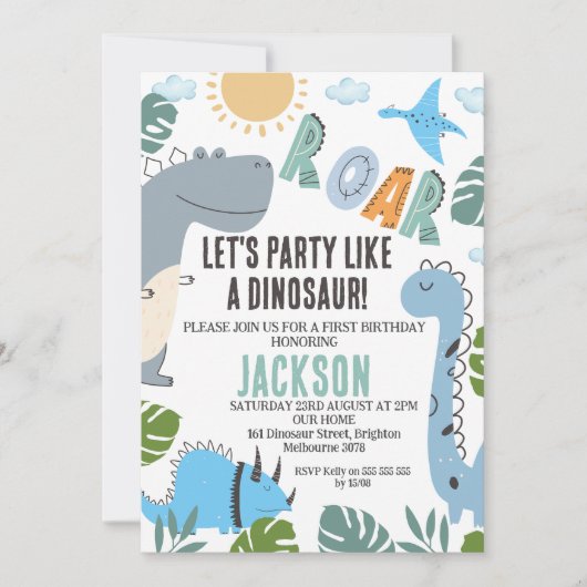 Modern Roar Dinosaurus Party 1e Verjaardag Uitnodi Kaart (Voorkant)
