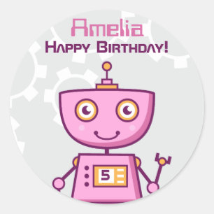 Modern Robot Girls Birthday Party Ronde Sticker