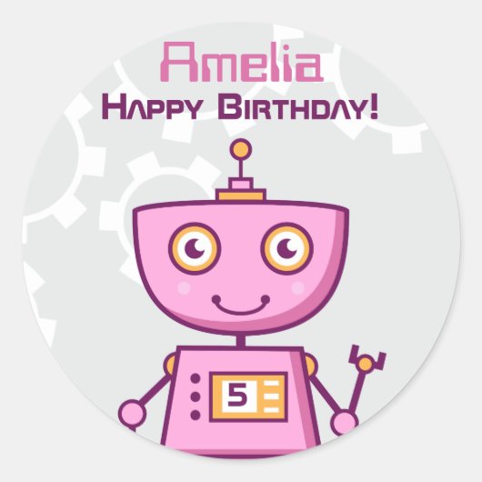 Modern Robot Girls Birthday Party Ronde Sticker (Voorkant)