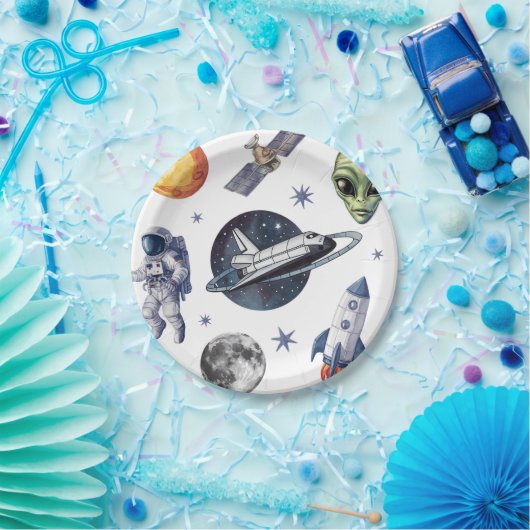 Modern Rocket Ship Space Planet Verjaardag of douc Papieren Bordje (Feest)
