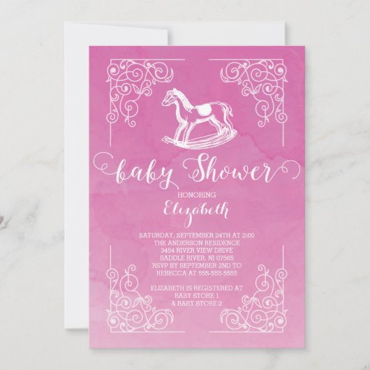 Modern Rocking Horse Meisjes Baby shower Invitatio Kaart (Voorkant)