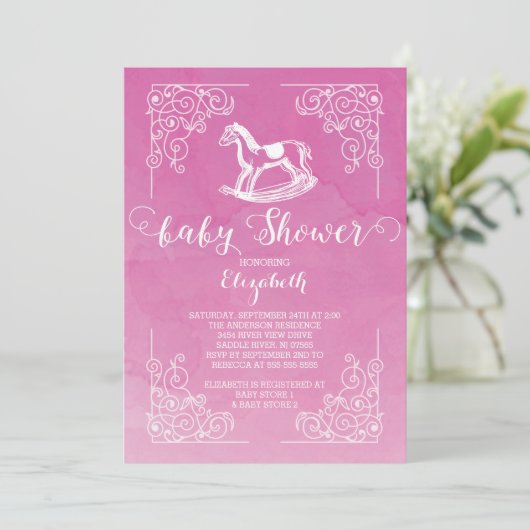 Modern Rocking Horse Meisjes Baby shower Invitatio Kaart (Staand voorkant)