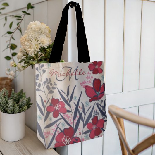 Modern Rode Bloemige Monogram Tote Bag