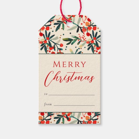 Modern Rode Hulstbessen Prettig Kerstfeest Cadeaulabel (Voorkant)