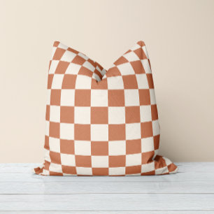 Modern roest oranje en crèmekleurige geruite stof kussen