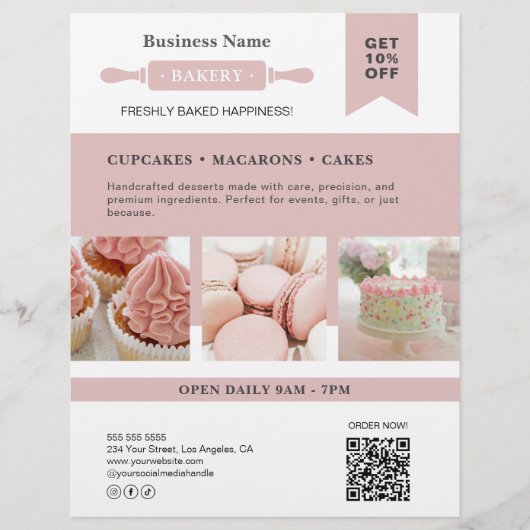 Modern Rolling Pin White Pink Bakery Business Flyer (Voorkant)