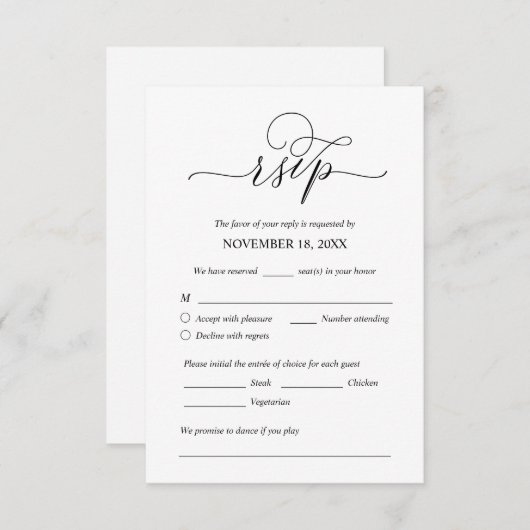 Modern Romantic, Black, Wedding Dinner RSVP Informatiekaartje (Voorkant / Achterkant)