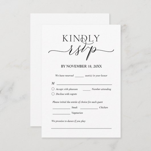 Modern Romantic, Black, Wedding Dinner RSVP Informatiekaartje (Voorkant / Achterkant)