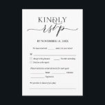 Modern Romantic, Black, Wedding Dinner RSVP Informatiekaartje<br><div class="desc">Dit is de prachtige Moderne,  Calligrafie,  Romantic RSVP (Replage) Enclosure Card,  in Black font,  waar u de kleur kunt bewerken,  wijzigen en formatteren volgens uw ontwerpvereisten,  met maaltijd,  gereserveerde zitplaatsen,  het aantal bezoekers en de optie voor het aanvragen van nummers.
#TeeshaDerrick</div>