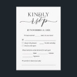 Modern Romantic, Black, Wedding Dinner RSVP Informatiekaartje<br><div class="desc">Dit is de prachtige Kaart Modern,  Calligrafie,  Romantic RSVP (Replage) Enclosure,  in Black font,  waar u de kleur kunt bewerken,  wijzigen en formatteren volgens uw ontwerpvereisten,  met maaltijdopties,  gereserveerde zitplaatsen,  nummerweergave en optie voor het aanvragen van nummers. #TeeshaDerrick</div>