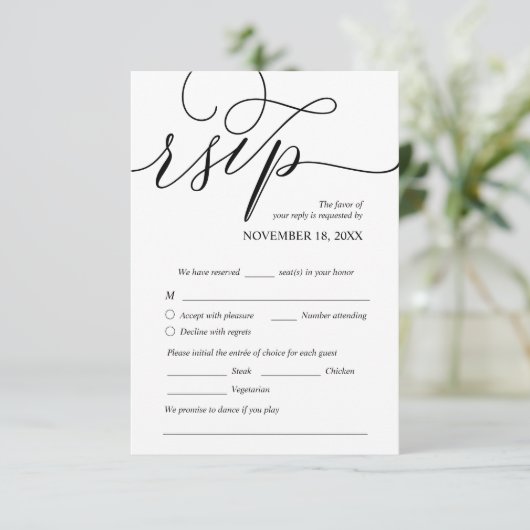 Modern Romantic, Black, Wedding Dinner RSVP Informatiekaartje (Staand voorkant)