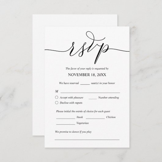 Modern Romantic, Black, Wedding Dinner RSVP Informatiekaartje (Voorkant / Achterkant)