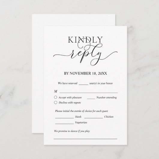 Modern Romantic, Black, Wedding Dinner RSVP Informatiekaartje (Voorkant / Achterkant)