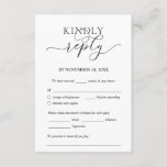 Modern Romantic, Black, Wedding Dinner RSVP Informatiekaartje<br><div class="desc">Dit is de prachtige Moderne,  Calligrafie,  Romantic RSVP (Replage) Enclosure Card,  in Black font,  waar u de kleur kunt bewerken,  wijzigen en formatteren volgens uw ontwerpvereisten,  met maaltijd,  gereserveerde zitplaatsen,  het aantal bezoekers en de optie voor het aanvragen van nummers.
#TeeshaDerrick</div>