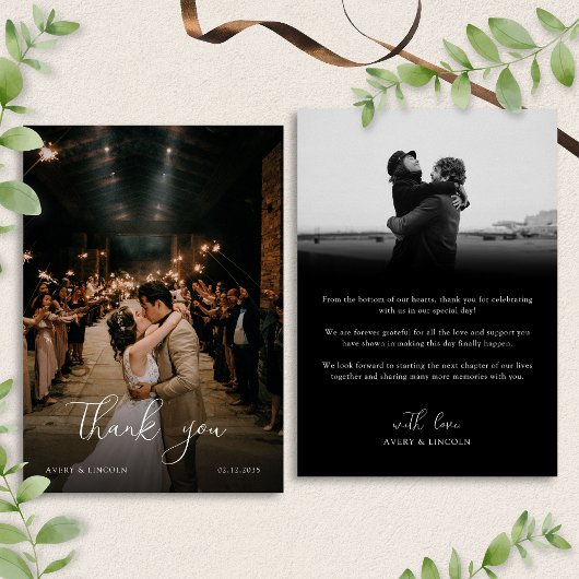 Modern Romantic Black & White Photo Script Wedding Bedankkaart