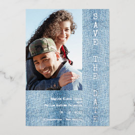 Modern Romantic Blue Jean Engaged Couple Photo Folie Uitnodiging