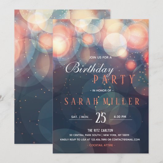 Modern Romantic Bokeh Lights Birthday Dinner Party Kaart (Voorkant / Achterkant)