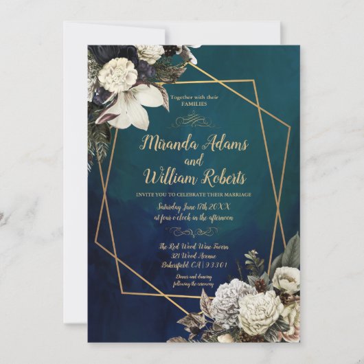 Modern Romantic Floral Gold Wreath Wedding Kaart (Voorkant)