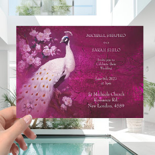 Modern Romantic Magenta en White Peacock Wedding Kaart
