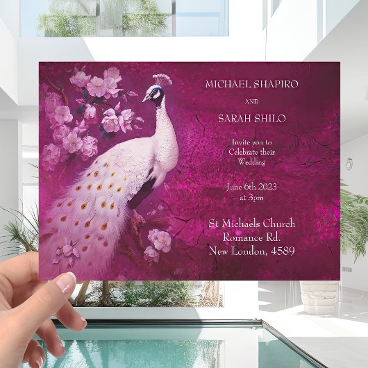 Modern Romantic Magenta en White Peacock Wedding Kaart