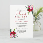 Modern Romantic Red Rose Sweet 16 Uitnodiging (Staand voorkant)