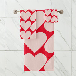 Modern Romantic Red & Roze Hearts Patroon Bad Handdoek