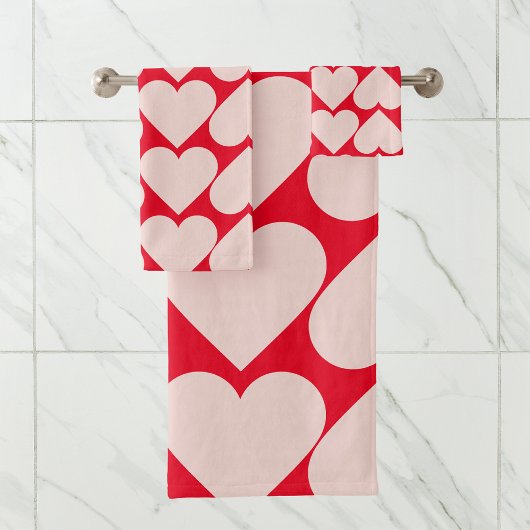 Modern Romantic Red & Roze Hearts Patroon Bad Handdoek