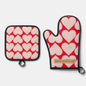 Modern Romantic Red & Roze Hearts Patroon Ovenwant & Pannenlap Set (Voorkant)