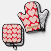 Modern Romantic Red & Roze Hearts Patroon Ovenwant & Pannenlap Set (Voorkant / Achterkant)
