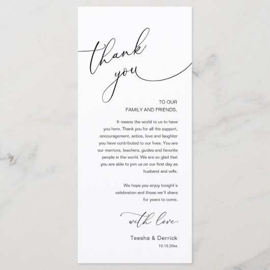 Modern Romantic Wedding Reception Thank You Card Programmakaart (Voorkant)