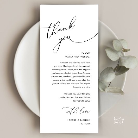 Modern Romantic Wedding Reception Thank You Card Programmakaart
