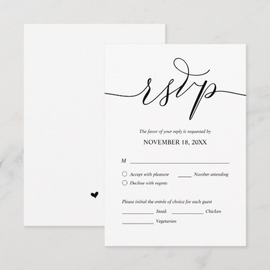 Modern Romantic, zwart script, bruiloft Dinner RSV Informatiekaartje (Voorkant / Achterkant)