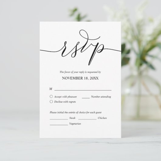 Modern Romantic, zwart script, bruiloft Dinner RSV Informatiekaartje (Staand voorkant)