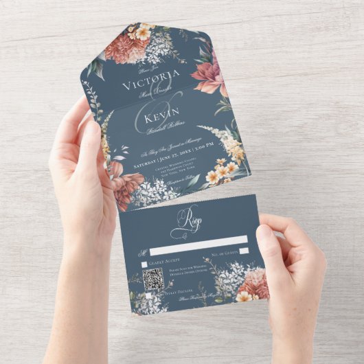 Modern Romantisch Blauw Tuin Bloemen QR Code All In One Uitnodiging (Afscheurbaar)