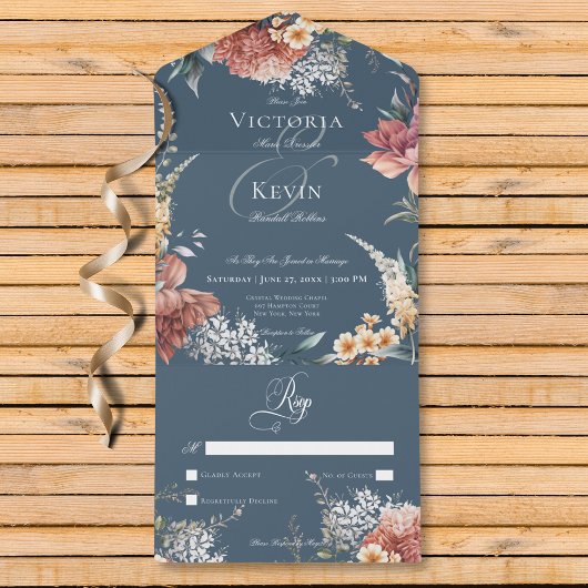 Modern Romantisch Blauwe Tuin Bloemen Geen Diner All In One Uitnodiging