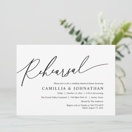 Modern romantisch bruiloft repetitie diner kaart (Staand voorkant)