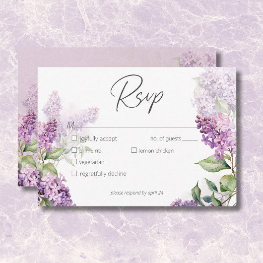 Modern romantisch Paarse & Sage Lilacs Diner RSVP Kaartje