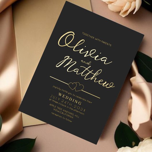 Modern Romantisch Script Folie Gouden en Zwarte Hu Uitnodiging