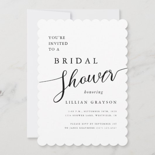 Modern Romantisch Script Wit Scallop Vrijgezellenf Kaart (Voorkant)