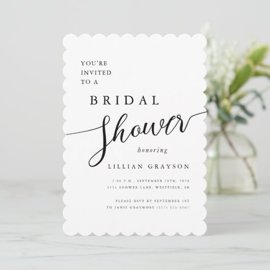 Modern Romantisch Script Wit Scallop Vrijgezellenf Kaart (Staand voorkant)