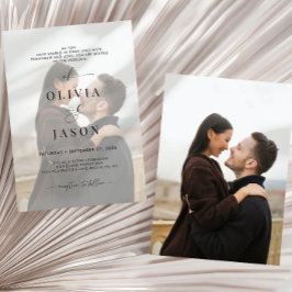 Modern romantisch script zwart wit 2 foto bruiloft kaart