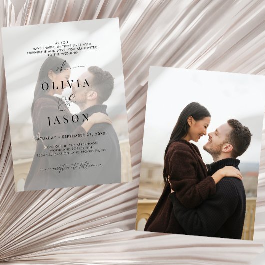 Modern romantisch script zwart wit 2 foto bruiloft kaart