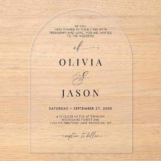 Modern Romantisch Script Zwart Wit Trouwboog Acryl Uitnodigingen (Voorkant)