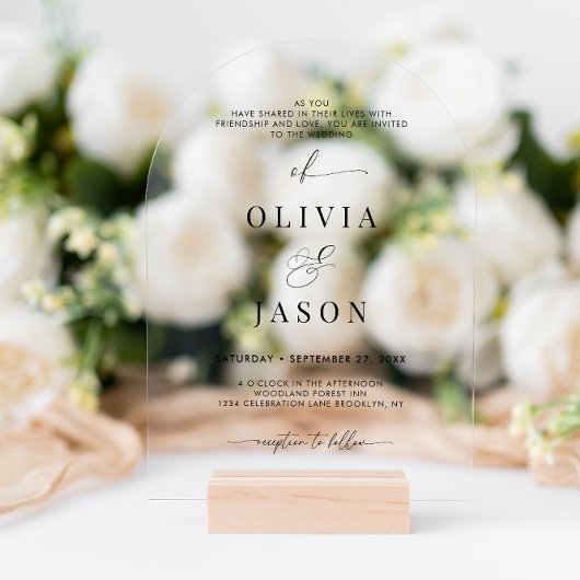 Modern Romantisch Script Zwart Wit Trouwboog Acryl Uitnodigingen