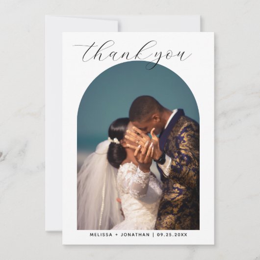 Modern romantisch zwart script 2 foto boog bruilof bedankkaart (Voorkant)