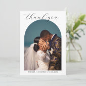 Modern romantisch zwart script 2 foto boog bruilof bedankkaart (Staand voorkant)